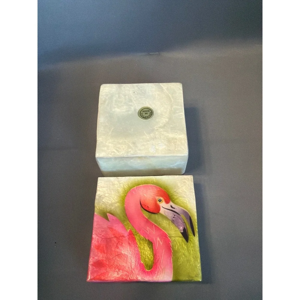 Vintage Capiz Shell Trinket Box Hand Painted Pink Flamingo Mother of Pearl Box